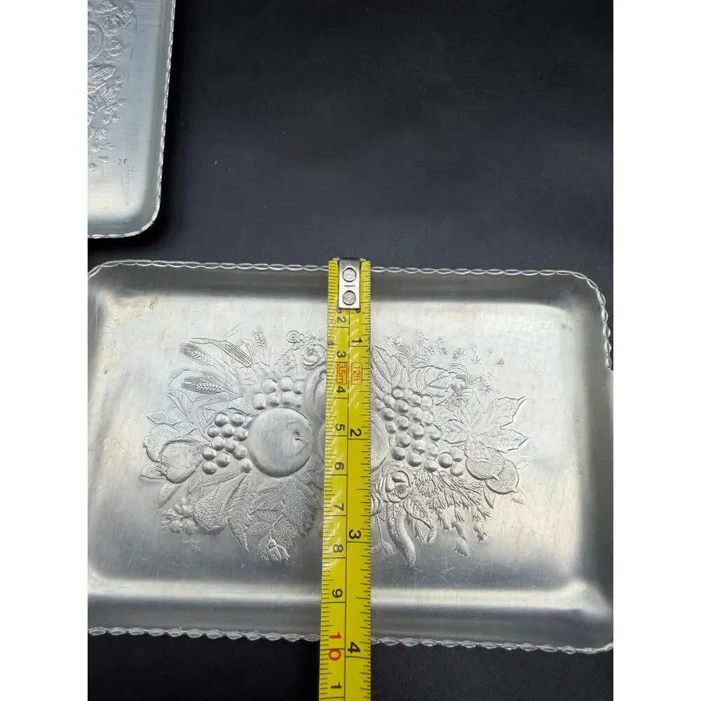 Vintage Aluminum Snack Trays Fruit Design 4x7 Set of 4 Embossed Mid Century